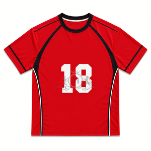 Maillot de football personnalisé pour homme, rouge, manches courtes, numéro 18, col rond, en maille polyester respirante, pour toutes les saisons - Product Image 1