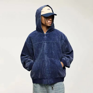 Sweat-shirt à capuche zippé pour homme, bleu délavé, coupe ample et carrée, en coton épais, effet délavé à l'acide, style streetwear - Product Image 6