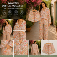 Ensemble de pyjama d'été en coton tissé imprimé, motif floral, écoresponsable, manches longues, col rabattu, taille à cordon, tenue de nuit complète