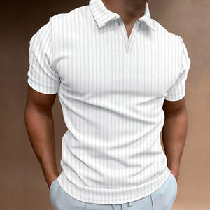 Polo à manches courtes rayé pour homme, coupe ajustée, col en V, tricoté, style décontracté, gris - Product Image 3