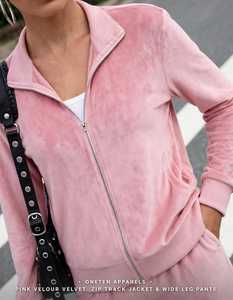 <b>Women's</b> Pink <b>Velour</b> Velvet 2 in 1 Lightweight Sports <b>Tracksuit</b> Set with Zip Track Jacket and Wide Leg Pants - Product Image 3