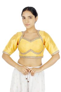 Yellow Embroidered Floral Print Women's <b>Crop</b> <b>Top</b> Blouse 100% <b>Silk</b> Brocade Fabric Short Sleeves Casual Party Wear - Product Image 1