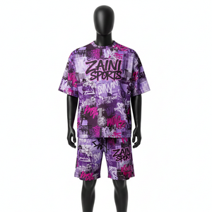 ชุดเสื้อยืดและกางเกงขาสั้นผู้ชาย ผ้าโพลีเอสเตอร์คุณภาพสูง ระบายอากาศได้ดี สีม่วงชมพู พิมพ์ลายทั่วตัว รับสกรีนโลโก้ - Product Image 1
