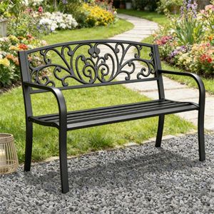 Banc de jardin noir pour l'extérieur, avec accoudoirs, pour la terrasse, le porche ou la cour - Product Image 1
