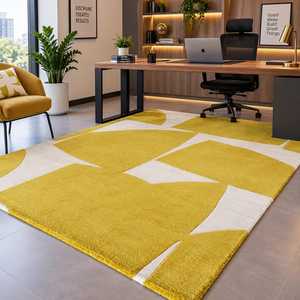 Alfombra Moderna Premium de Lana de Nueva Zelanda, Diseño Geométrico Abstracto, Hecha a Mano, Pelo Medio, Base Antideslizante de Látex, Color Amarillo Mostaza Marfil, para el Hogar - Product Image 2