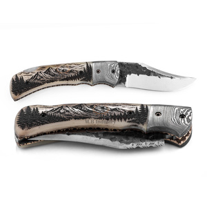 Cuchillo Plegable de Acero de Damasco Personalizado - Grabado Láser en Hueso de Camello - Águila Voladora sobre Montaña y Lago - Grado Industrial 19cm para Caza - Product Image 2