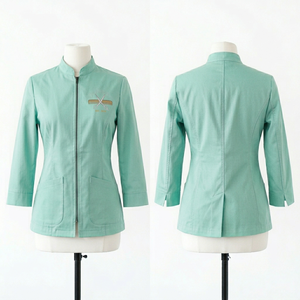 Chaqueta de Barbería para Mujer, 240 GSM, Sarga de Algodón, Diseño de Paneles Color Malva, Logotipo Bordado en la Parte Delantera, Uniforme de Salón Personalizado, Ropa de Trabajo Profesional - Product Image 4