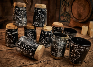 Juego de Vasos de Chupito de Cuerno Vikingo Hechos a Mano con Diseño de Nudo de Brújula Grabado, Copas de Hidromiel de Cuerno Bovino Auténtico con Base de Madera - Product Image 2