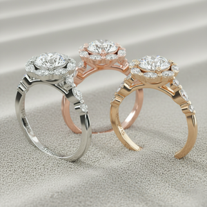 Anillo de compromiso certificado chapado en oro rosa con halo de diamantes marquise de punta compartida - Product Image 5