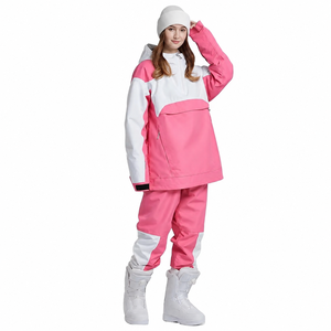 Traje de Esquí Unisex Rosa y Blanco con Bloques de Color, Impermeable 10.000 mm, Cortavientos, Chaqueta con Capucha y Pantalones, Conjunto para Adultos, Ropa de Invierno para Exteriores - Product Image 1