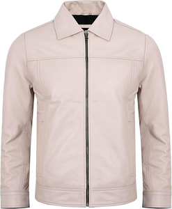 Veste de moto pour homme en cuir véritable imperméable et respirante, col rabattu, fermeture éclair, couleur unie, coupe classique, style hiver - Product Image 3