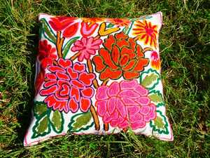 Embroidery Pillow Kashmiri Magic: Hand-Embroidered <b>Throw</b> Pillow Cover for boho style home decor - <b>Indian</b> handmade cushion cover - Product Image 1