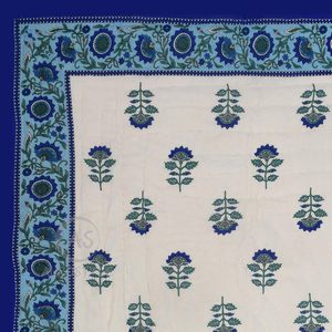 Colcha Estampada de Algodón 100% Hecha a Mano en Jaipur, Diseño Floral Azul, Borde Chevron, Tradicional, Ligera, para Todas las Estaciones - Product Image 5