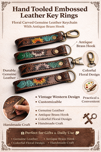 Handmade Classic Eco-Friendly Hand <b>Tool</b> Embossed Leather Keychain with Floral Carved Design Genuine Leather Antique Brass <b>Hook</b> - Product Image 6