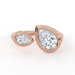 14K 18K Yellow Gold Toi Et Moi Lab Grown Diamond <b>Ring</b> Pear Cut <b>Two</b> <b>Stone</b> Open Bypass Bezel Set Asymmetric Engagement Band - Product Image 2