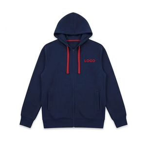 Sweat-shirt à capuche pour homme, bleu marine, fermeture éclair intégrale, coupe classique, en molleton de coton uni, avec logo rouge imprimé - Product Image 2