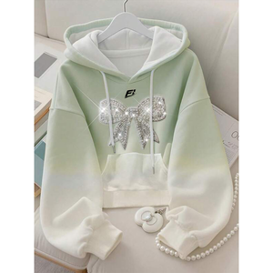 Sudadera con capucha para mujer, con lazo decorativo, cordón ajustable, manga larga, informal, corta, con bolsillo tipo canguro - Product Image 3