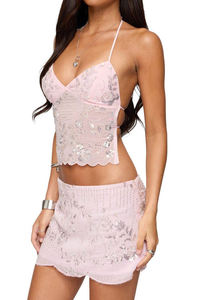 Haut court d'été pour femme, brodé floral, sans manches, orné de perles, dos ouvert, style licou - Product Image 2