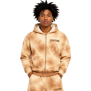 Sudadera con capucha y cremallera para hombre, beige, teñido anudado, efecto desgastado por el sol, de forro polar grueso, conjunto de chándal, ropa urbana, marca privada, OEM, venta al por mayor - Product Image 1