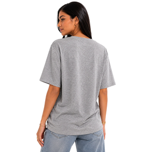 Camiseta gris de manga corta para mujer con hombros caídos, bordado floral personalizado, ajuste holgado, uso diario informal, 100% algodón tejido. - Product Image 2