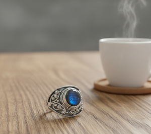 แหวนพลอยเซราฟินไนต์ธรรมชาติ เงินแท้ 925 ทำมือ รูปไข่ทรงคาโบชอง สีเขียว ของขวัญเครื่องประดับสำหรับผู้หญิง - Product Image 5