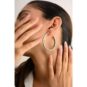 14K Gold Bohemian Round Cut Emerald Hoop Earrings with Diamond and Pearl Accents - Product Image 5