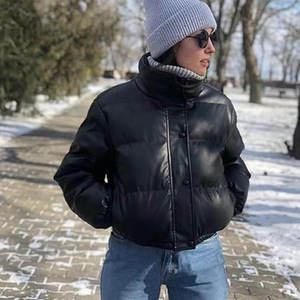 Black PU Puffer <b>Jacket</b> Stand Collar Zipper Closure Quilted Windproof Short Winter Coat Casual Unisex Thick Filling - Product Image 4