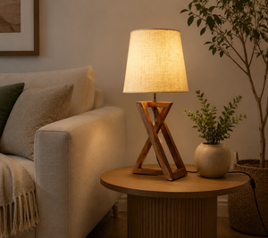 Lampe de table en bois moderne avec abat-jour en lin blanc E27 LED Lumière chaude 2700K Fabriquée à la main pour l'éclairage décoratif de la chambre - Product Image 2