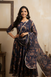 Conjunto de Kurta y Dupatta Estampados Azul Marino para Fiestas, Tela Georgette, Dupatta Estampada para Mayoristas - Product Image 4