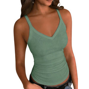 Women's Ribbed V-Neck Slim Fit Ruched Side <b>Spaghetti</b> <b>Strap</b> <b>Tank</b> <b>Top</b> Quick Dry Breathable Yoga Workout Plain Spandex/Polyester - Product Image 1