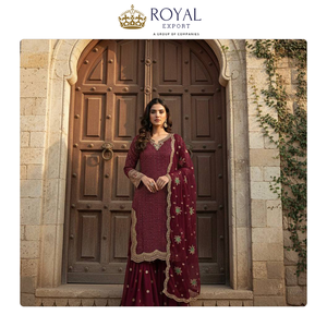 Collection de designer la plus récente et la plus élégante de costumes Sharara en faux georgette lourd avec dupatta en georgette et broderies. - Product Image 4