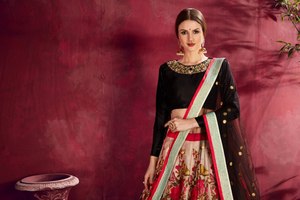 Women Lehenga Choli and Dupatta Set Art Silk Floral Print <b>Sequin</b> Embroidery Ethnic Outfit for Wedding Knee Length - Product Image 2