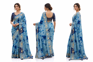 CHOHAN TEXTILE Sari en soie chiffon bleu tie-dye shibori avec broderie dorée, style vintage, longueur ras du sol, pour femme, tenue de soirée, tradition indienne - Product Image 3