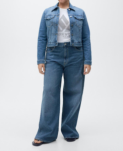 Women's Mid Blue <b>Cropped</b> <b>Denim</b> <b>Jacket</b> Button Closure Turn-Down Collar Long Sleeve Regular Fit Casual Jean <b>Jacket</b> - Product Image 4