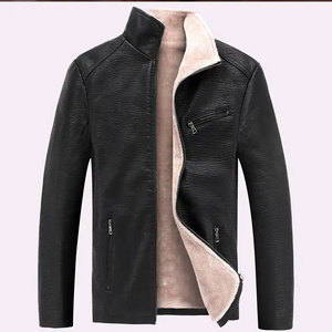 Econex Sports Men's Slim Fit PU <b>Leather</b> <b>Winter</b> Moto <b>Jacket</b> Turn-down Collar Zipper Closure Faux Fur Lining Windproof Solid Color - Product Image 3