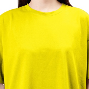 T-shirt décontracté pour femme, coupe oversize, col rond, manches mi-longues, couleur unie, tricoté, coupe droite, épaules tombantes, jaune, longueur normale, été - Product Image 3