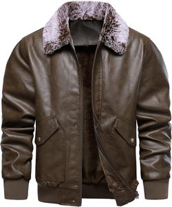 Men Brown PU Leather Nonwoven Bomber <b>Jacket</b> with Fur Collar Zipper Front Windproof Autumn Moto <b>Biker</b> Style - Product Image 1