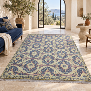 Alfombra de Lujo con Medallón Anudado a Mano, Azul y Dorado, Alfombra Oriental Tradicional de Lana y Seda, Alfombra Clásica Hecha a Mano - Product Image 1