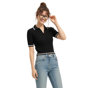 เสื้อโปโลผู้หญิงแฟชั่น แขนสั้น ผ้าถักลายริบ แต่งปกและแขนเสื้อสีตัดกัน ผ้าคุณภาพสูง ผลิตในเวียดนาม - Product Image 1