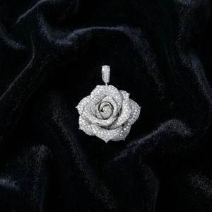 Luxury Diamond Rose Pendant Necklace 925 <b>Silver</b> Rhodium Plated <b>Box</b> <b>Chain</b> Unisex Gift Jewelry - Product Image 2