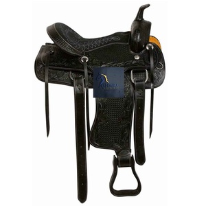 Western Black <b>Leather</b> Floral And Basket Hand <b>Tooled</b> Barrel Racing Horse Saddle Latigo Straps Suede Seat 10" to 18" Inch LLT - Product Image 1