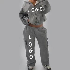 Ensemble de survêtement gris à capuche pour femme, fermeture éclair intégrale, imprimé logo, sweat-shirt décontracté et pantalon coupe ample, streetwear automne, 100% coton - Product Image 1