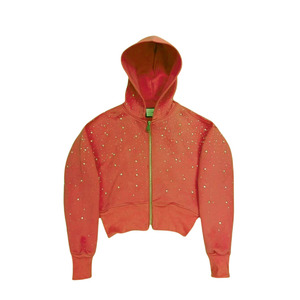 Sudadera con capucha corta personalizada de moda con estampado de puntos brillantes y pedrería, corte regular, unisex, con cremallera frontal, de forro polar, para uso casual. - Product Image 4