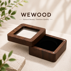 WEWOOD Square Wooden Jewelry <b>Box</b> with Velvet Insert and <b>Glass</b> Lid for Ring Storage - Product Image 1