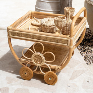 Carrito de juguete de mimbre de madera para niños, juguete de simulación para fiestas de té imaginativas. - Product Image 1
