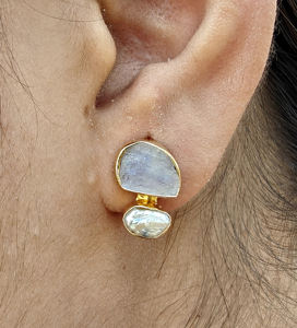 Natural raw look blue fire moonstone with baroque pearl <b>drop</b> stud earring 18k gold plated double stone fashion jewelry earrings - Product Image 3