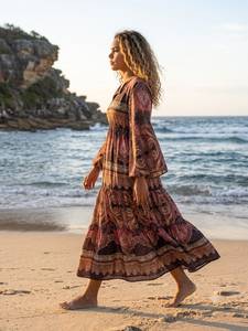 Boho Maxi <b>Dress</b> V-Neck Flare Sleeve Floral Print <b>Loose</b> Fit <b>Summer</b> Beach Wear 100% Silk Breathable Eco-Friendly Casual A-Line - Product Image 2