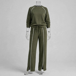 Ensemble de survêtement léger et respirant vert olive pour femme, sweat-shirt à col rond, pantalon à cordon de serrage, couleur unie, manches courtes, hiver - Product Image 2