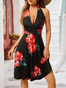 Robe d'été sans manches pour femme, col halter, motif floral, avec poches, taille élastique, mini-robe à volants, collection Printemps 2026 - Product Image 3