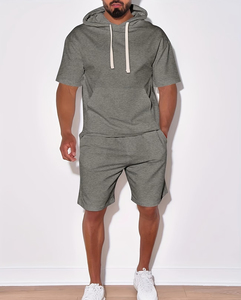 <b>Men's</b> <b>Orange</b> Crew Neck <b>Sweatshirt</b> and Shorts Set Solid Color Knitted Breathable Casual Summer Outfit - Product Image 2